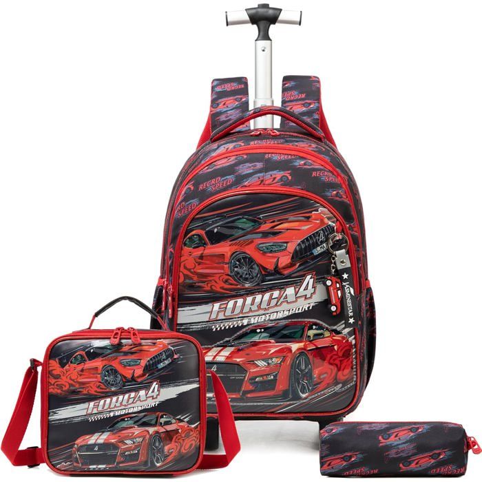 cartable à roulettes enfant - Egchescebo - 3 pièces - 17 pouces - Rouge - Grande capacité 25 L - 6 compartiments