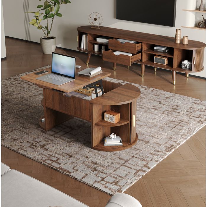 AESVAR ensemble salon 2 pièces meuble TV et table basse relevable style Mid-Century MDF noyer