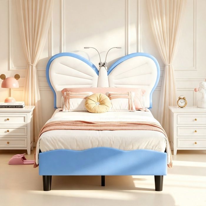 Lit enfant 90x190 en velours Sommier à lattes Tête papillon avec lampe de lecture Structure bois/métal Bleu