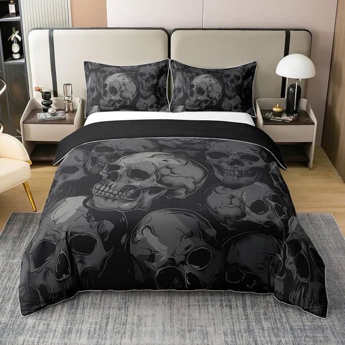 Parure de Lit Halloween Coton Enfant 220x240 cm Housse Couette Skull Gothique 3D Noir Gris Literie Garçon Fille PARURE DE COUETTE
