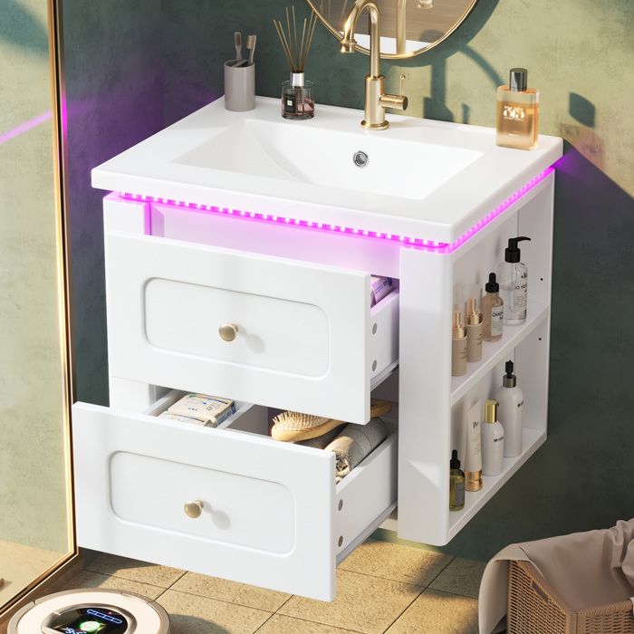 MEUBLIV Meuble sous vasque mural 61 cm blanc brillant, 2 tiroirs, LED ...