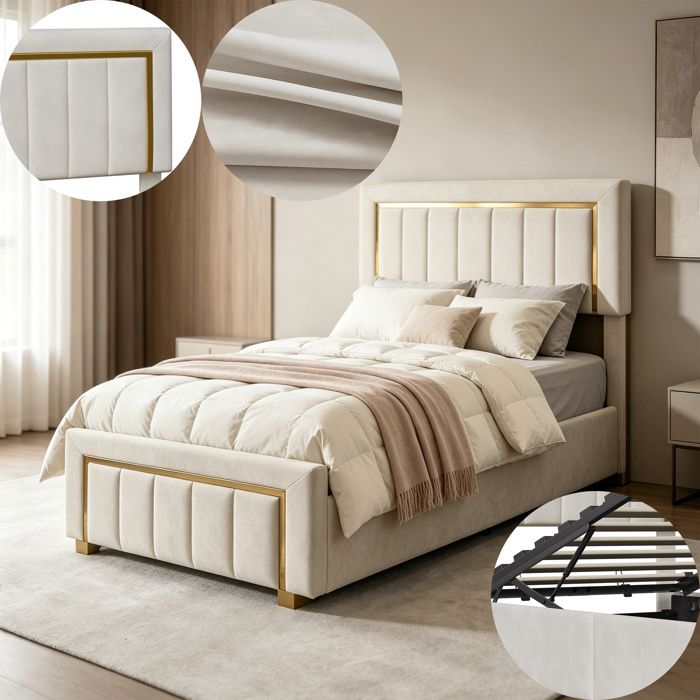 Lit 90x200 avec sommier et tete de lit rembourrée lit coffre 90x200 avec coffre de lit cadre en métal doré tissu velours beige