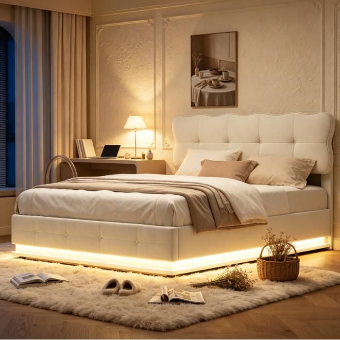 Lit coffre 160x200cm avec LED réglable lit double rembourré avec hydraulique de rangement lit pour adulte velours beige