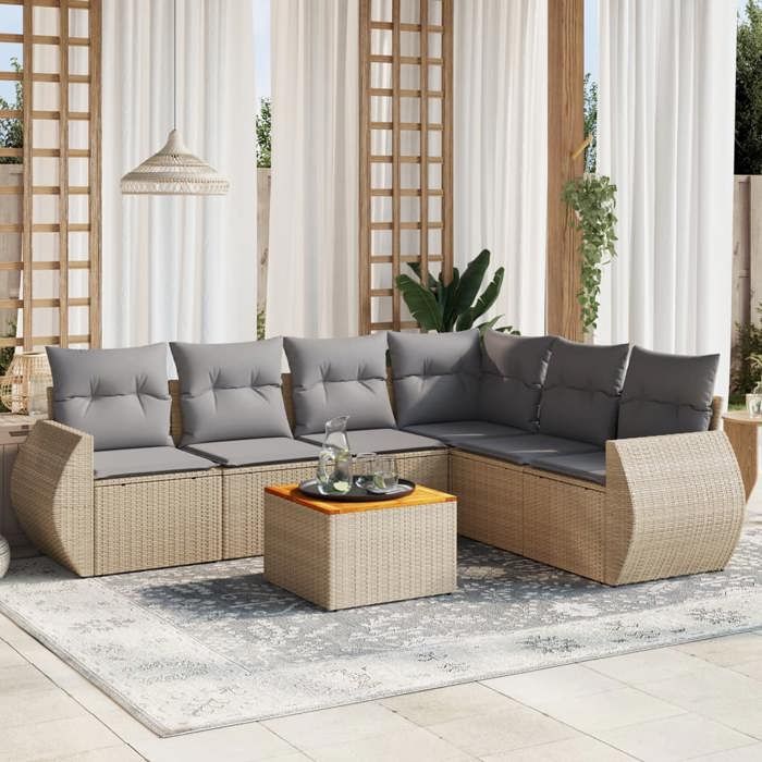 Salon de jardin - MAISON EXCLUSIVE - 7 pièces - Résine tressée - Coussins déhoussables - Plateau acacia