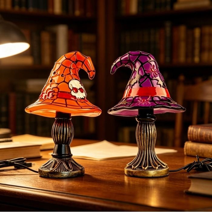 Lampe Halloween chapeau sorcière orange - Veilleuse décorative - Déco de table - Accessoire original