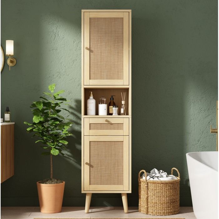 WUVRIE Armoire haute de salle de bain 166 cm MDF rotin 1 tiroir portes réversibles fermeture magnétique