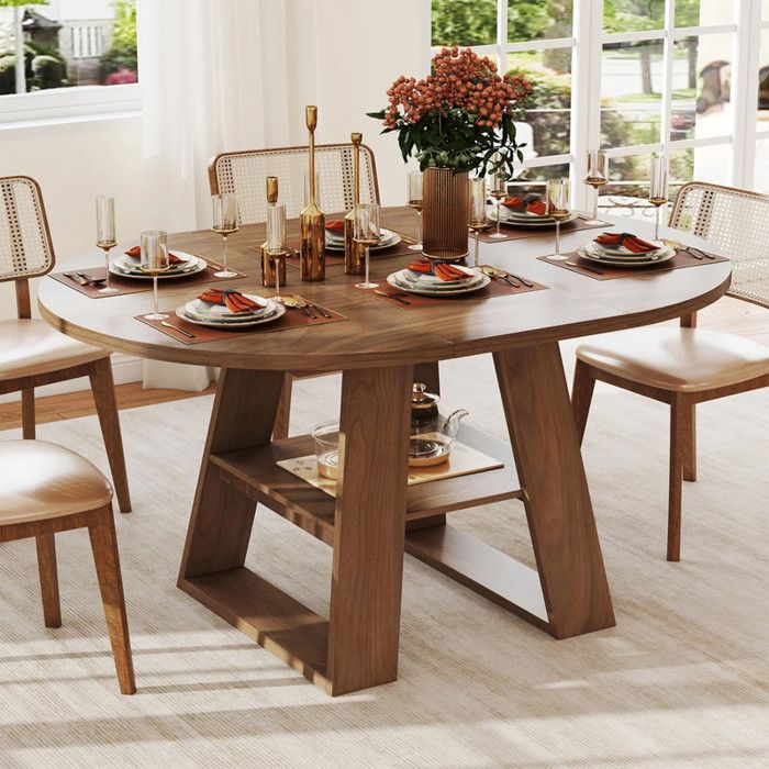 Table ronde extensible 110-150 cm en noyer massif étagères de rangement intégrées – Élégance intemporelle