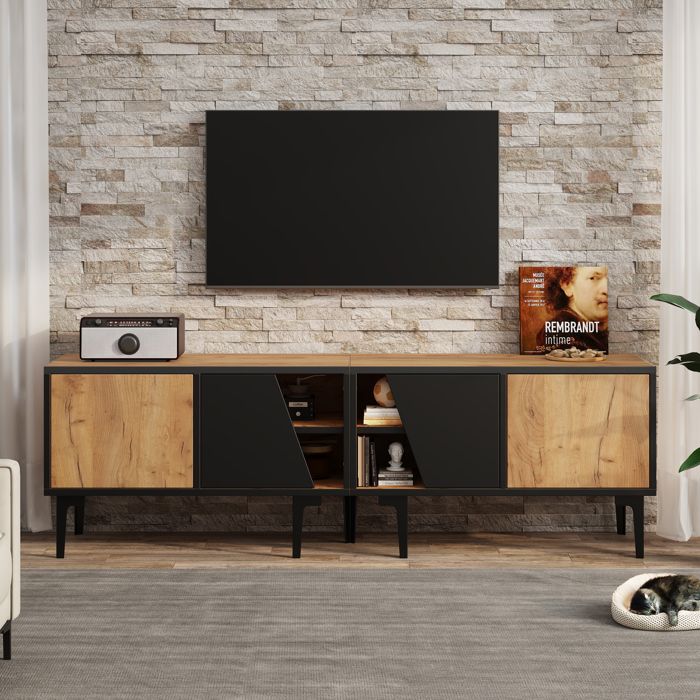 Meuble TV 160cm bois naturel 4 compartiments 7 pieds stables pour écran 65 design moderne rangement pratique