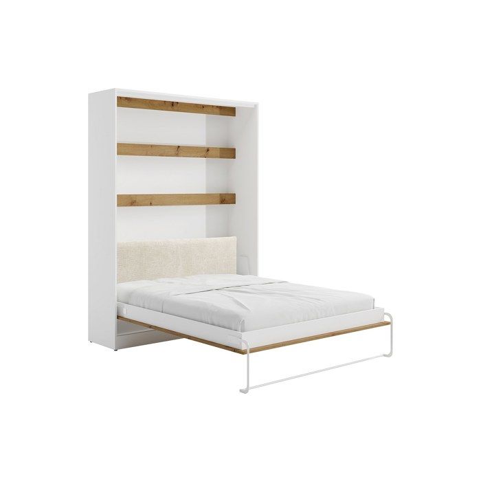 Lit escamotable 160 x 200 cm avec tête de lit en velours côtelé - Ouverture verticale manuelle - Avec LEDs - Blanc et naturel -