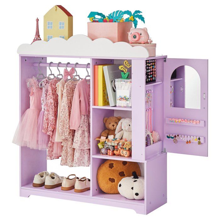 Penderie Enfant avec Armoire à Bijoux Tringle à Vêtements et Étagères de Rangement pour Déguisements et Costumes de Princesse