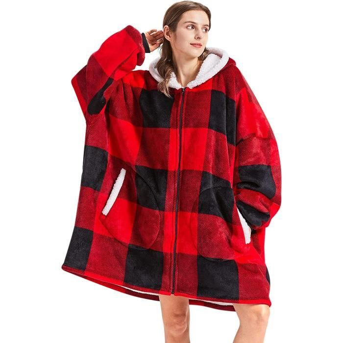 Sweat Plaid Femme Avec Capuche – Super Doux, Grandes Poches – Parfait Pour Canapé, Maison, Cadeau Confort (Vin Rouge) - 4