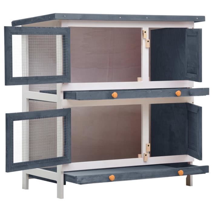 Clapier dextérieur - KAI - 4 portes - Bois gris - 90 x 45 x 90 cm - Pour lapins