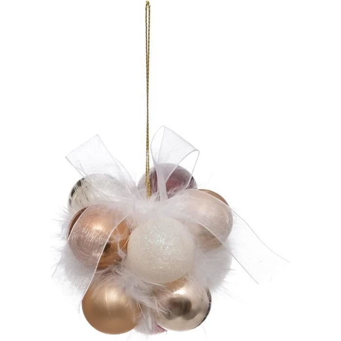 Grappe De 11 Boules De Noël À Suspendre Déco Ruban Et Plumes Blanches