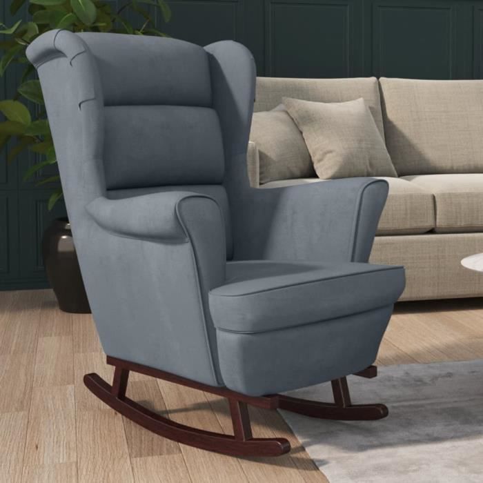 fauteuil scandinave de relaxation mvs - fauteuil à bascule et pieds en bois d'hévéa gris foncé velours,24,2 kg