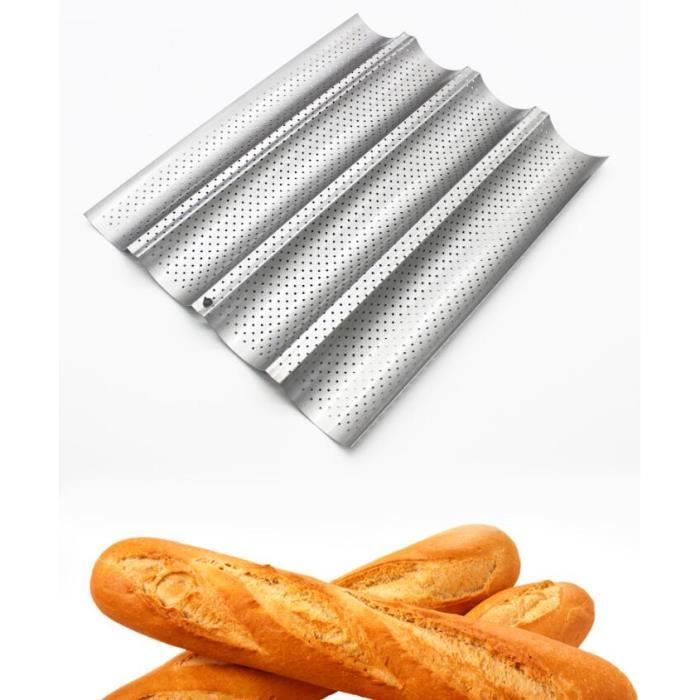 Plaque de Cuisson Moule à 4 Baguettes Anti-Adhésif de Cuisson Pain Plaque à Pain Argent