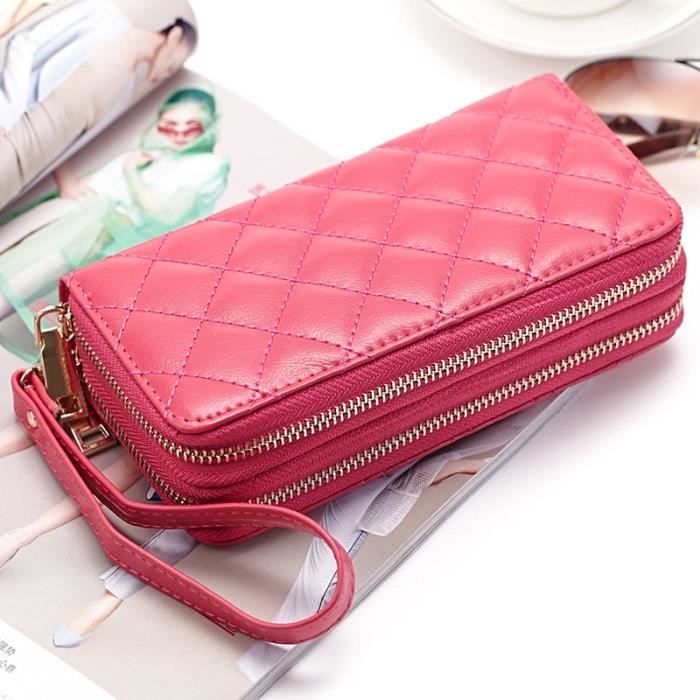 U Femme Portefeuille Double Zipp/é Luxueux U RFID Blocage El/égant Clutch Grande Capacite Porte Monnaie avec Ch/équier 14 Emplacements Cartes Marron