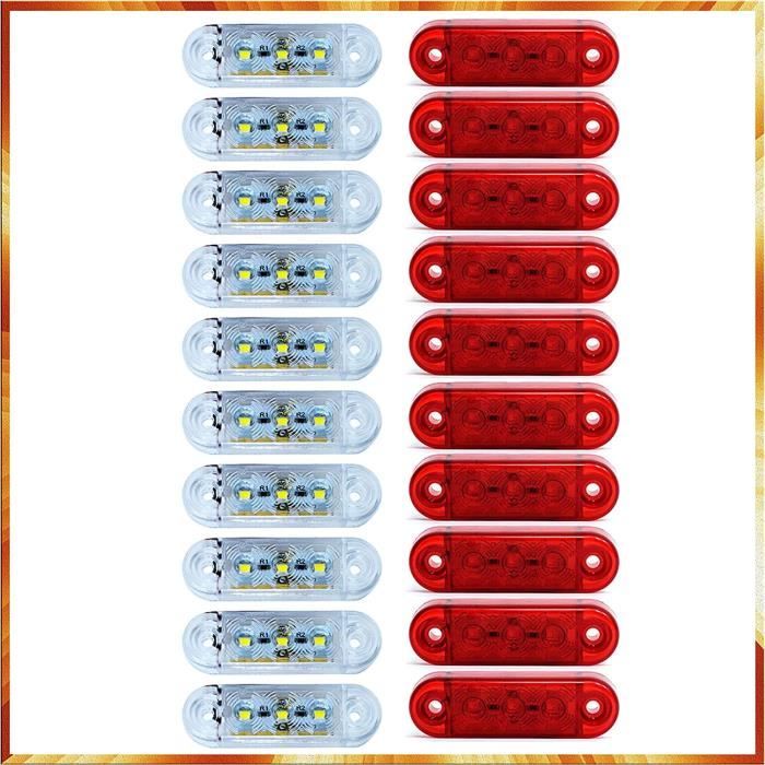 Lot De 10 Feux De Gabarit LED Rouges 12V - 6 SMD, Dimensions 100x20x10 Mm, Homologués E13, Pour Tracteur, Remorque, Utilitaire