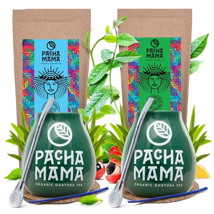 Guayusa Thé BIO Énergisant Kit Pachamama Pure Terere Doux Pour l’estomac - 2 x100 g Vert Tasse 350 ml Bombilla
