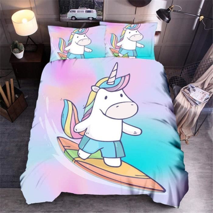 Housse De Couette 3D Chouette Licorne Dessin Animé Impression Microfibre Avce 2 Taies D