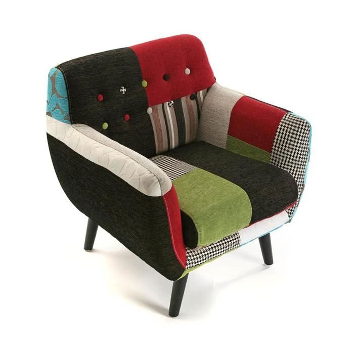 fauteuil pour salon green patchwork - versa - 76 x 63 x 68 cm - confortable en coton et bois