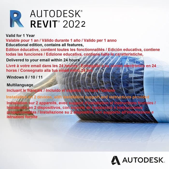 Autodesk Revit 2022 Licence dun an. Livraison numérique dans les 24 heures.
