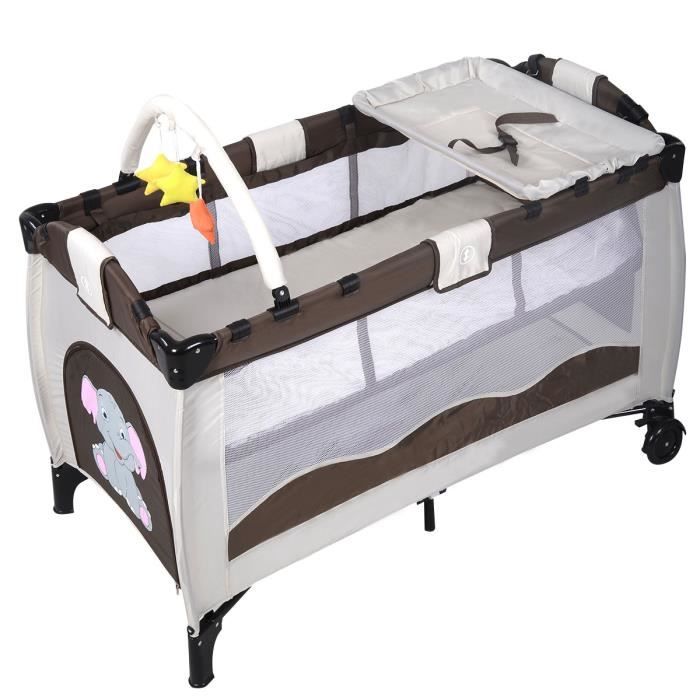 Costway Lit Bebe Pliable De Voyage Lit Parapluie Multi Fonction Portable Avec Table A Langer Roulettes Brun 1 X 60 X 78 Cm Cdiscount Puericulture Eveil Bebe