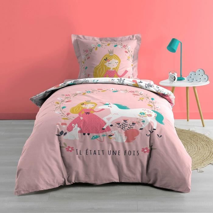 Housse de couette + 1 taie 140 x 200 cm I am a Licorne - Rose - 21.22