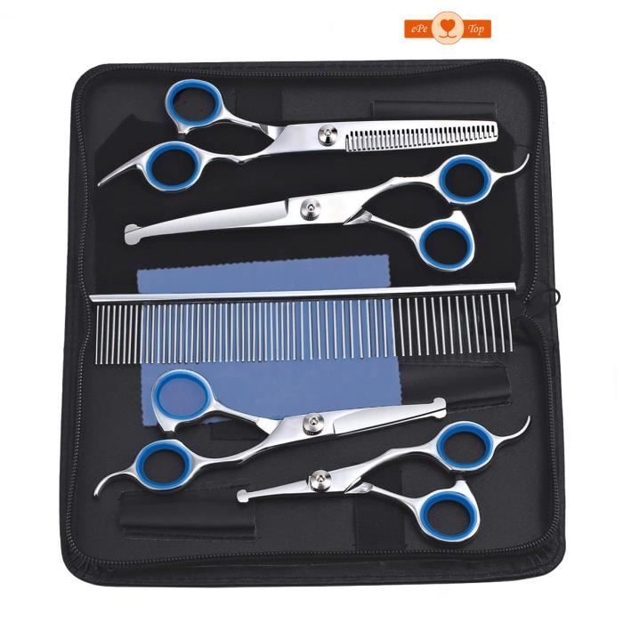 Meilleurs prix pour EPE TOP Kit de toilettage pour chien, embout rond rond- Bleu -ensemble de ciseaux de toilettage pour chien 5 en 1