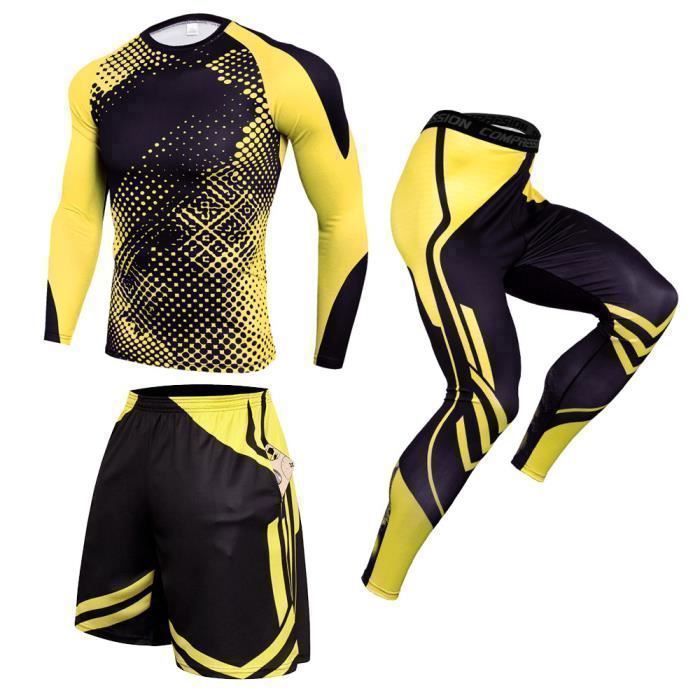 Leggings Homme Ensemble Compression Sport 3 Pièces Homme - Haut Manches Longues, Legging, Short Tenue Running Homme Hiver