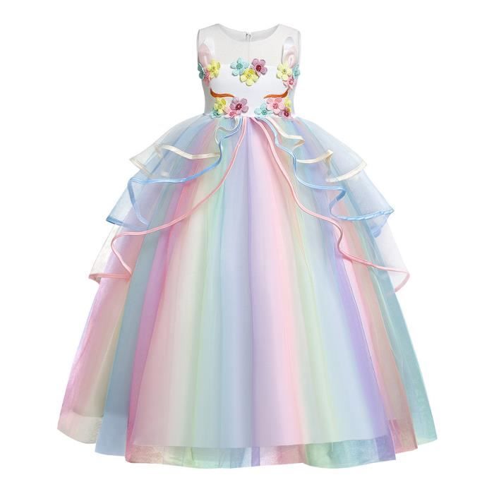 Jurebecia Robe Licorne Fille Enfant Princesse Costume Fleur Soiree Anniversaire Fete Mariage Ceremonie Partie Habiller Blanc Cdiscount Pret A Porter