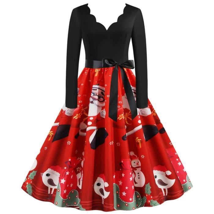 Robe De Noël Femme Manches Longues – Imprimé Festif, Col En V Fausse Fourrure, Pour Soirée, Fête, Réveillon Chic