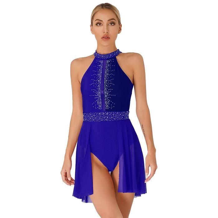 Justaucorps Patinage Artistique Femme Strass Brillant - Robe Danse Sur Glace Sans Manches Gymnastique