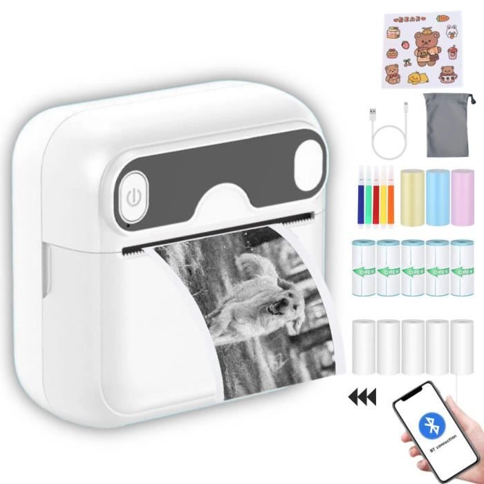 Imprimante Photo Portable 2windeal® Mini Imprimante Instantané sans Fil avec 13 Rouleaux 5 Stylo Papier PR Photo Étiquettes Memo