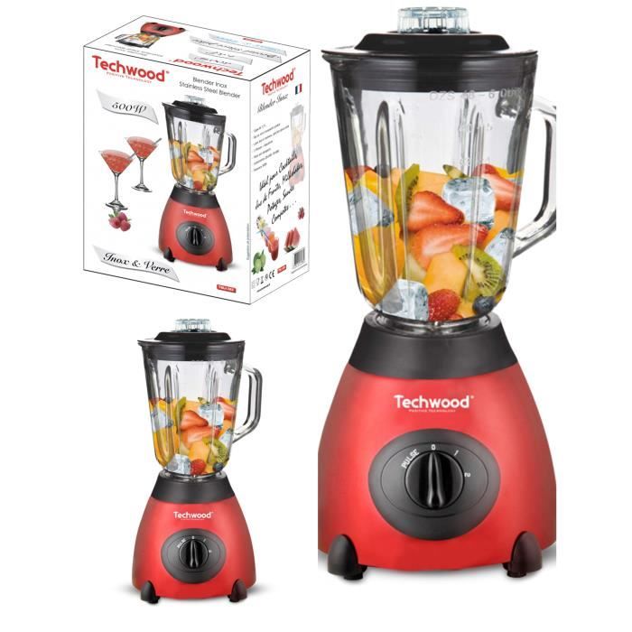 Blender INOX 500W rouge Capacité: 1,5L 2 Vitesses + Impulsions en acier Inoxydable Bol en Verre transparent gradué