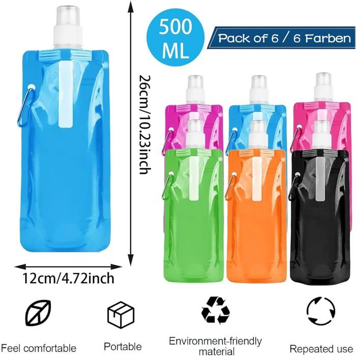 Lot De 6 Gourdes Pliables 500 Ml – Sans BPA, Réutilisables, Couleurs Variées – Idéales Pour Le Sport, Les Voyages Et Les Festivals
