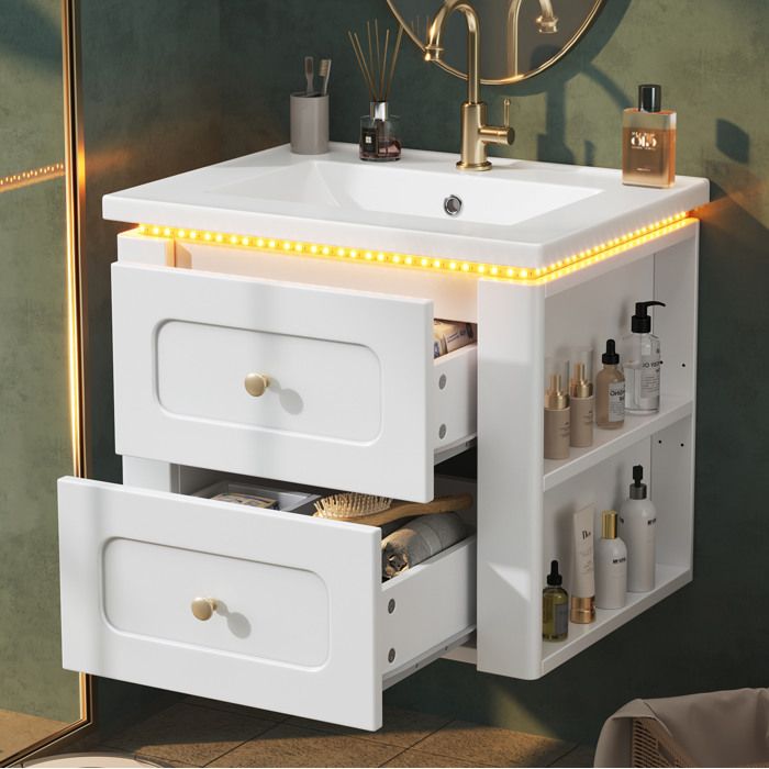 MEUBLIV Meuble sous vasque mural 61 cm blanc brillant, 2 tiroirs, LED ...