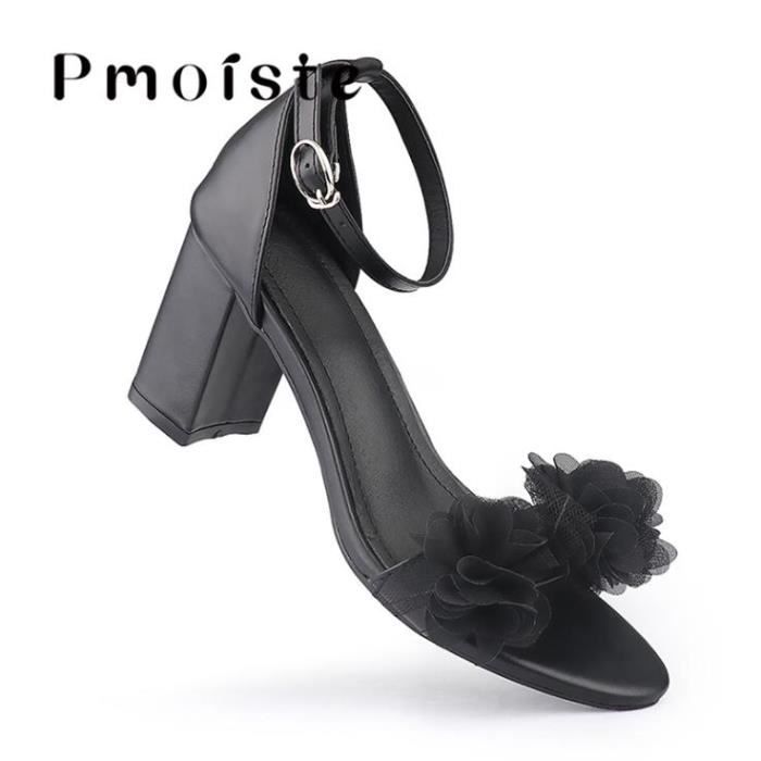 Chaussures de mariage a talons pour femmes ete elegantes a boucle de cheville dames escarpins a bout ouvert Noir