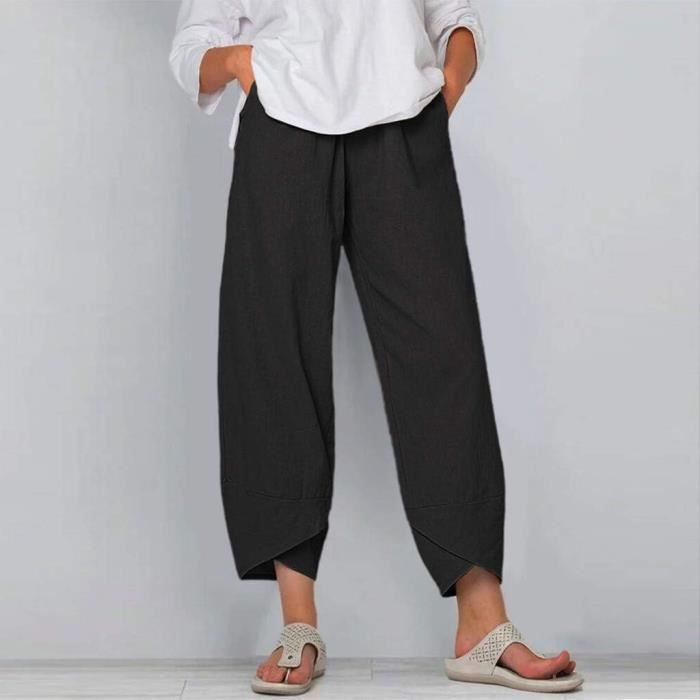 Pantalon Fluide Femme été - Taille Haute, élastique, Léger - 7/8, Poches - En Coton/lin, Pour Yoga, Plage, Décontracté