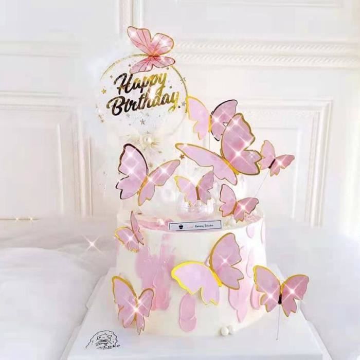 Yitla Décoration de gâteau d'anniversaire papillon - Happy Birthday - Avec  bougie d'anniversaire - Décoration de mariage - Décoration de gâteau 