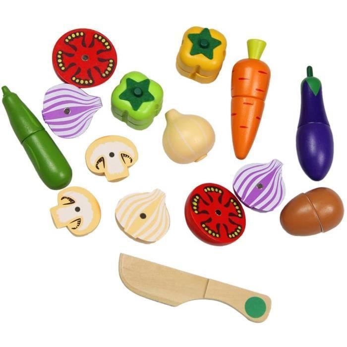 Set De Fruits/légumes à Découper En Bois – 8 Aliments, 3 Couteaux, Plateau, Aimants, Montessori, Dès 3 Ans