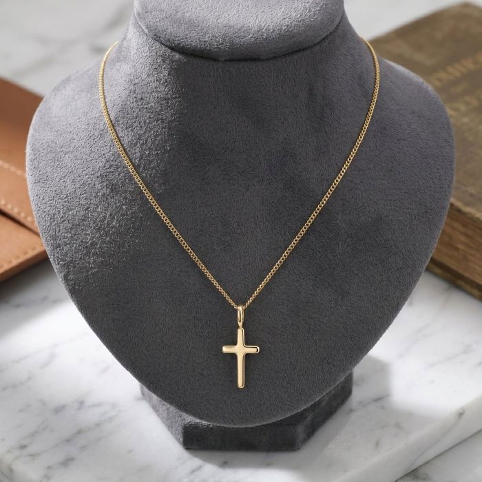 Collier Pendentif Croix Lisse Plaqué Or 18 Carats 45 Cm - Bijouterie Papillon Bleu - Neuf