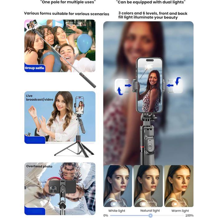 Stabilisateur Cardan 3-en-1 Intelligent PRIME ESSENTIALS® - Trépied / Selfie Stick / Gimbal Avec Télécommande Bluetooth