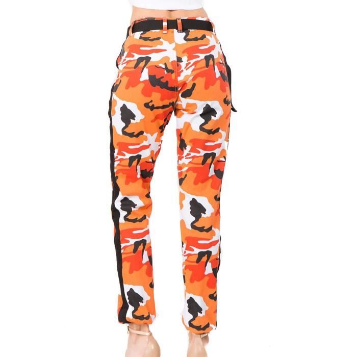 Pantalon de camouflage cargo a taille haute pour femme avec ceinture assortie Orange Orange Cdiscount Pret a Porter