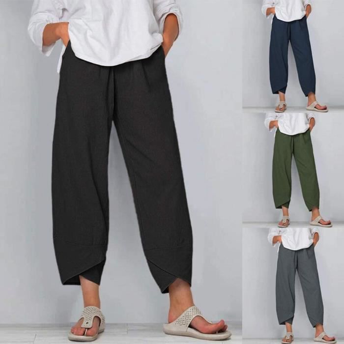 Pantalon Fluide Femme Lin Élastiqué - Taille Haute - 7/8 Décontracté Élégant