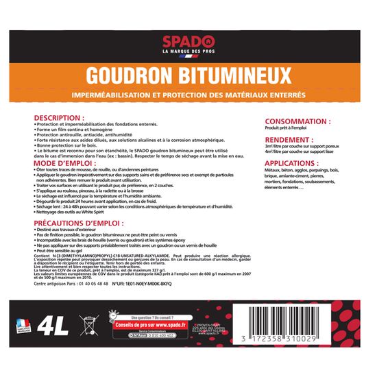 Vernis Bitumineux Antirouille Spado – 1 Litre – Protection Contre L'humidité