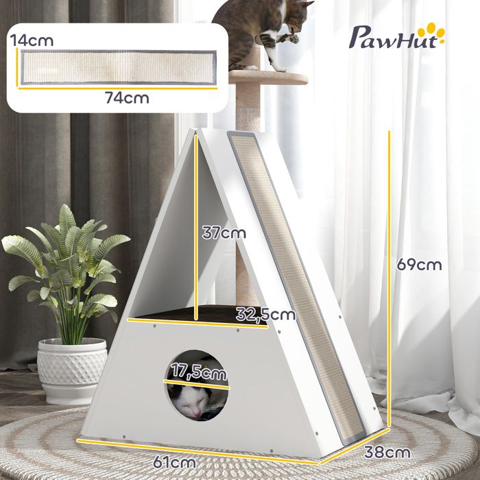 Maison Pour Chat 2 Niveaux PawHut – Avec Coussin Doux – 36,5 X 36,5 X 33 Cm – Niche Et Plateforme D’observation - 10