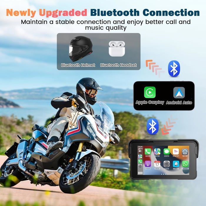 Écran Moto CarPlay Android Auto 5 Pouces - Sans Fil, étanche IP68, GPS, Bluetooth, Pour Navigation Et Musique