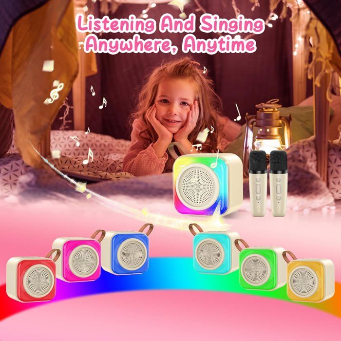 Microphone Karaoké Enfant Sans Fil – 2 Micros, Bluetooth, Lumières Disco, 5 Effets Vocaux – Batterie 1800 MAh – Cadeau 3-12 Ans