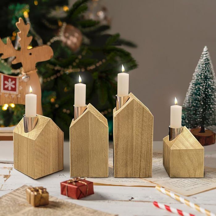 Bougeoirs Avent En Forme De Maison - 4 Tailles (9 à 15 Cm) En Bois Et Métal - Pour Bougies De 2,5 Cm - Décoration Noël, Cheminée