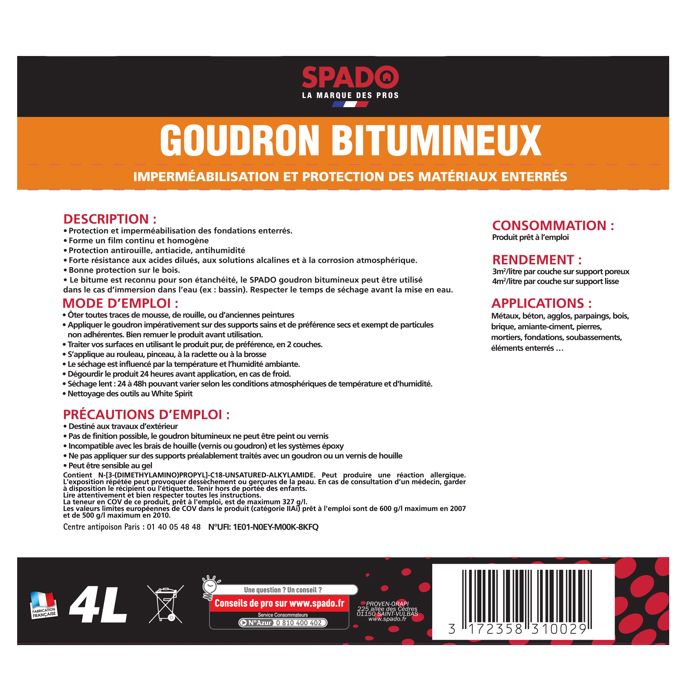 SPADO - Goudron bitumineux - Protection de surfaces - antirouille et  anti-humidité - 100% étanchéité - 4L - Fabrication française - Cdiscount  Bricolage